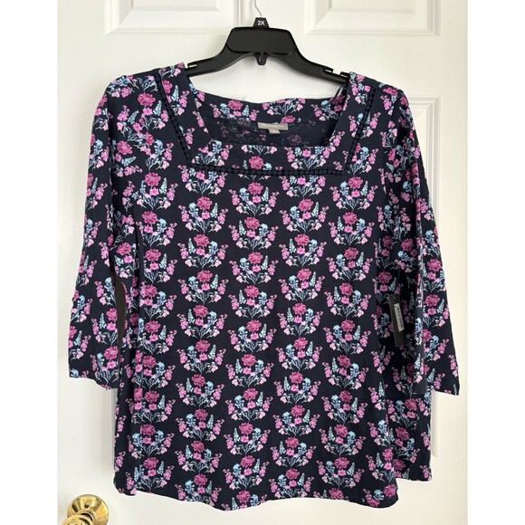 Style & co Navy Blue Floral Multi-Color Top with 3/4 Sleeve Plus Size 1X/2X/3X - Picture 1 of 5